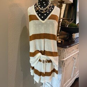 Kirundo Striped V-Neck Sleeveless Top - Cream and Brown, Size Medium